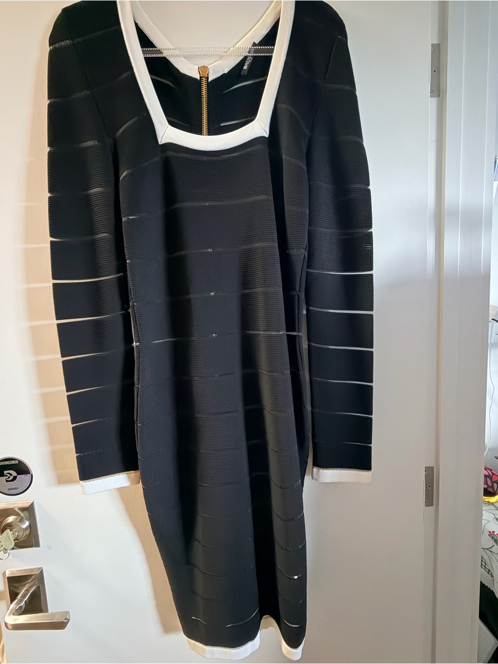 Balmain Black Long Sleeve Sheath Dress with White Trim